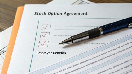Stock Option Agreement Closeup of a document titled Stock Option Agreement with checkboxes for employee benefits signed off.
