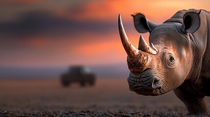 Close-up of a majestic rhinoceros against a stunning sunset background, showcasing its powerful horn and skin textures.