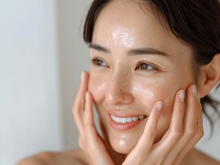 Japanese Woman Smiling and Caring for Skin