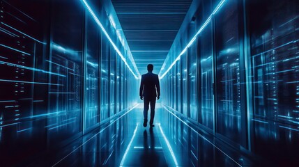 A lone man walks through a futuristic server room, the blue lights reflecting off the polished floor.