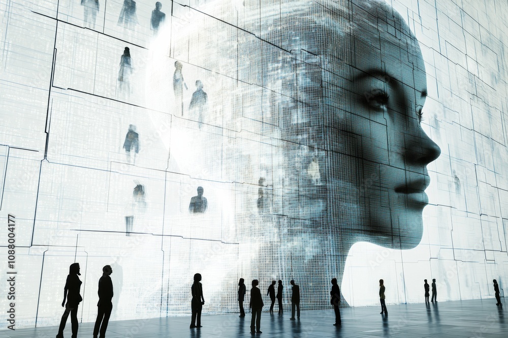 Aufkleber a diverse group gathers in a contemporary space, captivated by a large, abstract ai representation o