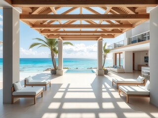 Fototapeta premium A luxurious ocean front villa with private beach access and stunning views of the sparkling blue waters, relaxation, vacation