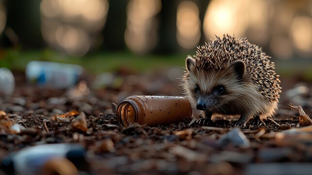 A small hedgehog forages among litter in a soft-lit forest environment, highlighting nature's struggle with pollution.
