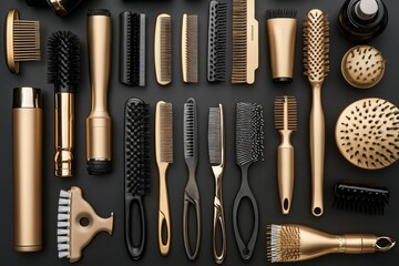 Fototapeta premium Professional Hairdresser Tools and Products Arrangement on Black Background