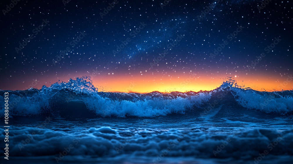 Wall mural mesmerizing view of ocean waves gently rolling under a starry night sky, with a dreamy blurred backg
