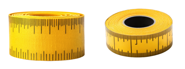 A vibrant yellow tape measure featuring clear measurement markings, rolled and easily portable for accurate measuring tasks.