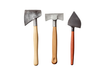 Three distinct hand tools with wooden handles: a hatchet, a cleaver, and a small hoe, each showcasing unique shapes and metal finishes.