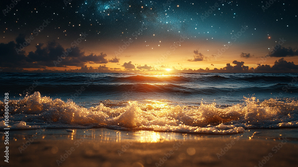 Wall mural mesmerizing view of ocean waves gently rolling under a starry night sky, with a dreamy blurred backg