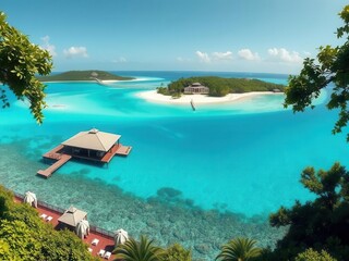 Fototapeta premium A panoramic view of a luxury oceanfront property on a private island, surrounded by crystal clear turquoise waters and lush greenery, paradise, oceanfront