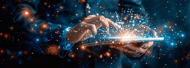 Businessman with Tablet Showing AI Data Tree, Global Network, Digital Marketing, Online Business, Technology Implementation