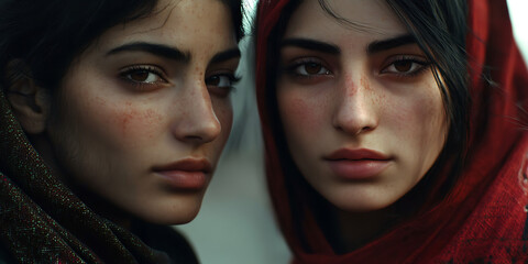 Intriguing Gaze: Two women with dark hair and intense eyes stare directly at the viewer,  creating a captivating and mysterious portrait. Their faces are close together.