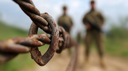 Fototapeta premium Two soldiers in the background observing a rusty chain link in focus.