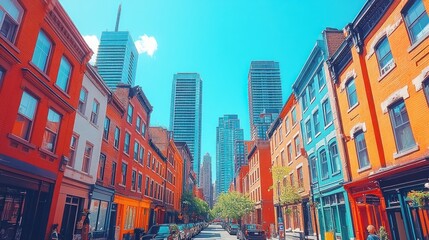 Obraz premium Vibrant city street with colorful buildings and skyscrapers.