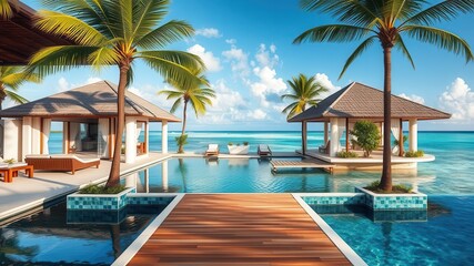 Fototapeta premium A stunning beachfront villa overlooking the crystal-clear waters of a tropical paradise, destination, sunny