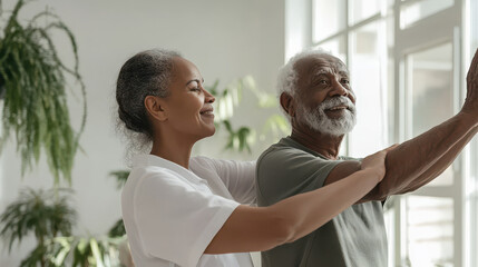 Obraz premium physical therapist assisting elderly man with gentle care and support caring for the elderly concept.