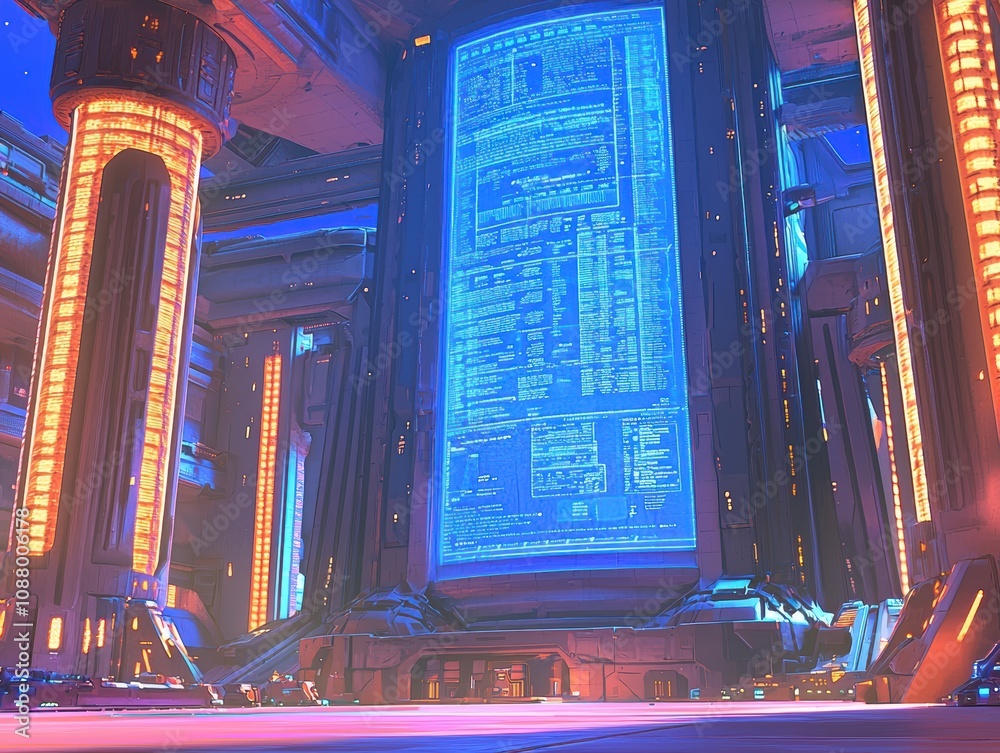 Poster Futuristic Control Room with Neon Lights and a Large Holographic Display Featuring Complex Data Readouts in a Sci-Fi Architecture Setting