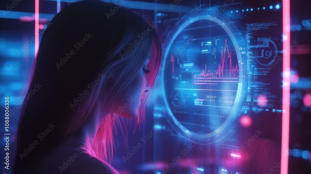 Fototapete A user interacts with an advanced mirror that assesses hair condition and delivers tailored AI recommendations for hair care. Generative AI