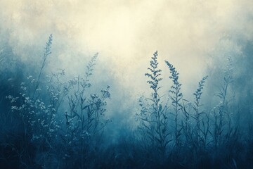 A misty, blue-toned landscape with tall grass and a hazy, golden light in the distance.