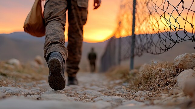 A soldier in camouflage pants walking along a deserted path at sunset. - Powered by Adobe