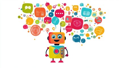 Naklejka premium Playful Robot with Speech Bubbles in Vector Art