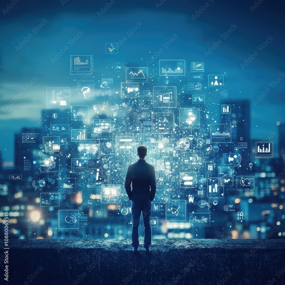 Poster man standing on rooftop overlooking digital interface and data visualization in urban landscape at n