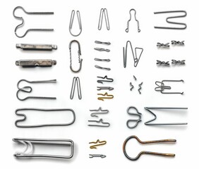Naklejka premium Collection of Metal Paper Clips and Pins for Office or Crafting Isolated on White Background