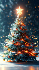 A simple, elegant Christmas tree, stars, and snowflakes on a white background