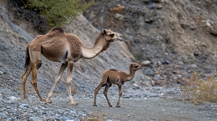A mother camel walking alongside her young calf through a rocky terrain, showcasing the bond between parent and offspring in their natural habitat.
