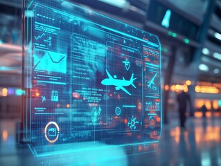 Digital Display of Smart Contract Terms for Aviation Management High-Tech Airport Terminal Futuristic Technology Environment Strategic Viewpoint Enhancing Transparency