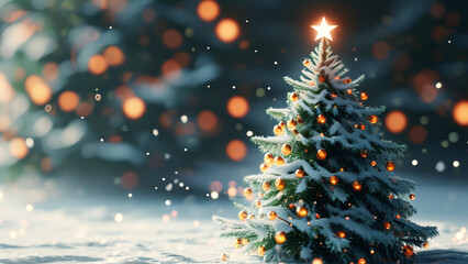 A simple, elegant Christmas tree, stars, and snowflakes on a white background