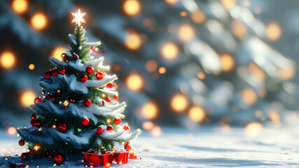 A simple, elegant Christmas tree, stars, and snowflakes on a white background