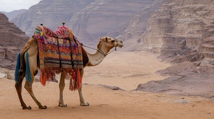 Fototapeta premium Camel Walking Through Desert Landscape with Colorful Saddle Blankets Surrounded by Majestic Rock Formations in Wadi Rum, Jordan