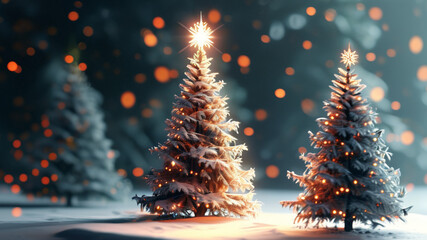 A simple, elegant Christmas tree, stars, and snowflakes on a white background