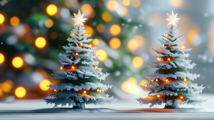 A simple, elegant Christmas tree, stars, and snowflakes on a white background