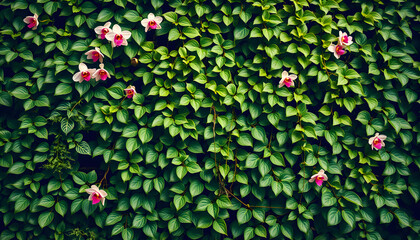 Green creeper plant, fern, orchid, vine or ivy and leaves wall for background in vintage tone. Natural wallpaper or Nature pattern. Freshness season, pop-art