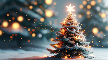 A simple, elegant Christmas tree, stars, and snowflakes on a white background