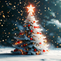 A simple, elegant Christmas tree, stars, and snowflakes on a white background