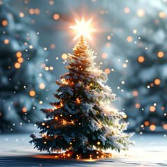 A simple, elegant Christmas tree, stars, and snowflakes on a white background