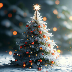 A simple, elegant Christmas tree, stars, and snowflakes on a white background