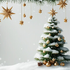 A simple, elegant Christmas tree, stars, and snowflakes on a white background