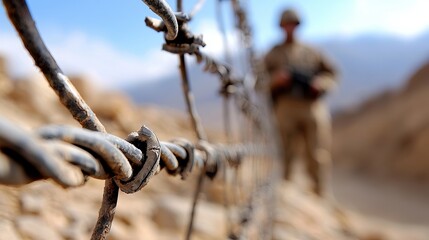 Obraz premium A blurred soldier in a uniform stands behind a barbed wire fence, evoking a sense of tension and duty.