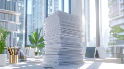 cluttered desk stacked with folders and documents awaiting review, symbolizing workload, organization, and administrative duties in a busy office environment under pressure