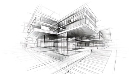 A detailed architectural sketch showcasing a modern building design with multiple levels and open spaces.