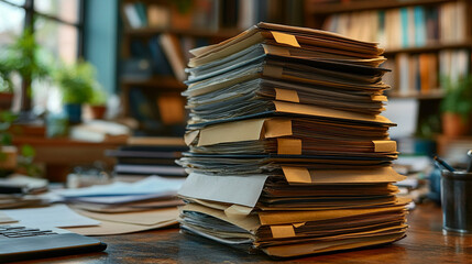 cluttered desk stacked with folders and documents awaiting review, symbolizing workload, organization, and administrative duties in a busy office environment under pressure