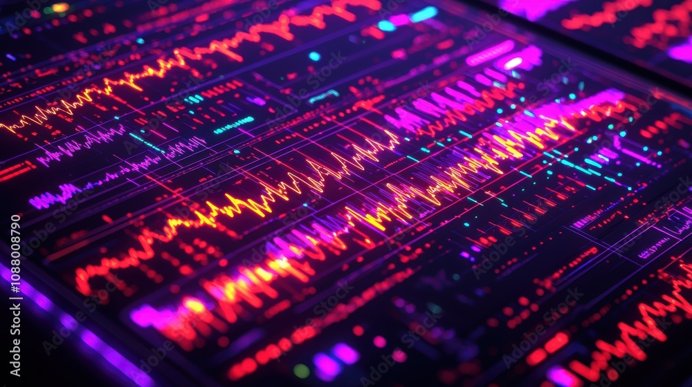 Poster colorful digital waveform representation on a screen with abstract visualizations and sound data pat