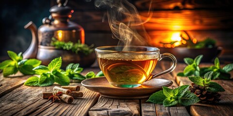 Refreshing Herbal Tea with Mint on Wooden Surface - Low Light Photography, Relaxing Drink, Natural Ingredients, Cozy Ambiance, Herbal Infusions, Organic Beverages, Refreshing Flavor, Tea Time