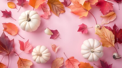 A flat lay of white pumpkins and colorful autumn leaves on a pink background, evoking a seasonal and festive atmosphere.