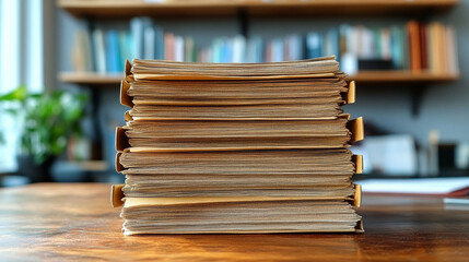 cluttered desk stacked with folders and documents awaiting review, symbolizing workload, organization, and administrative duties in a busy office environment under pressure