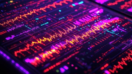 Colorful Digital Waveform Representation on a Screen with Abstract Visualizations and Sound Data Patterns for Technology and Music Backgrounds