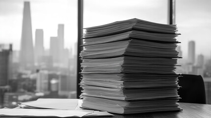 cluttered desk stacked with folders and documents awaiting review, symbolizing workload, organization, and administrative duties in a busy office environment under pressure